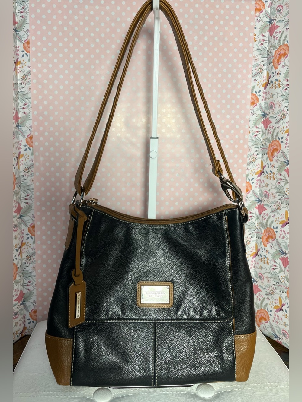 Tignanello Black and Brown Pebbled Leather Satchel with Convertible Straps